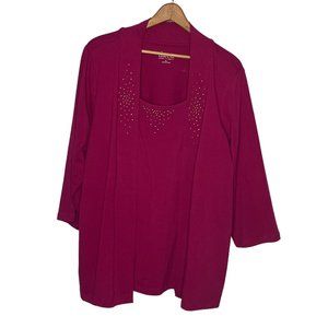 Denim & Co. Large L Maroon Embellished Stretch Cotton Twofer Cardigan Top Blouse